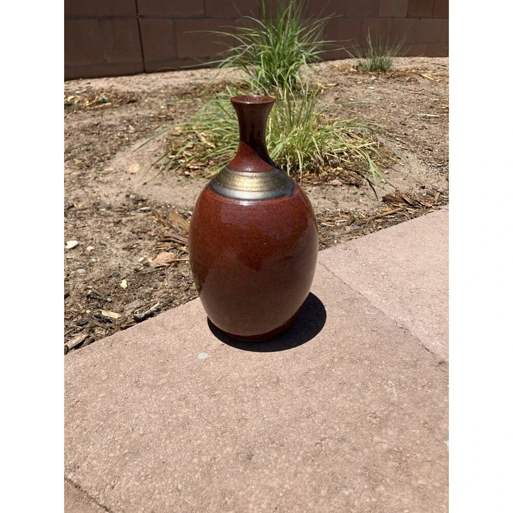 Signed Studio Pottery Bar BT’14 Stoneware Red Brown Glaze Handmade 9”